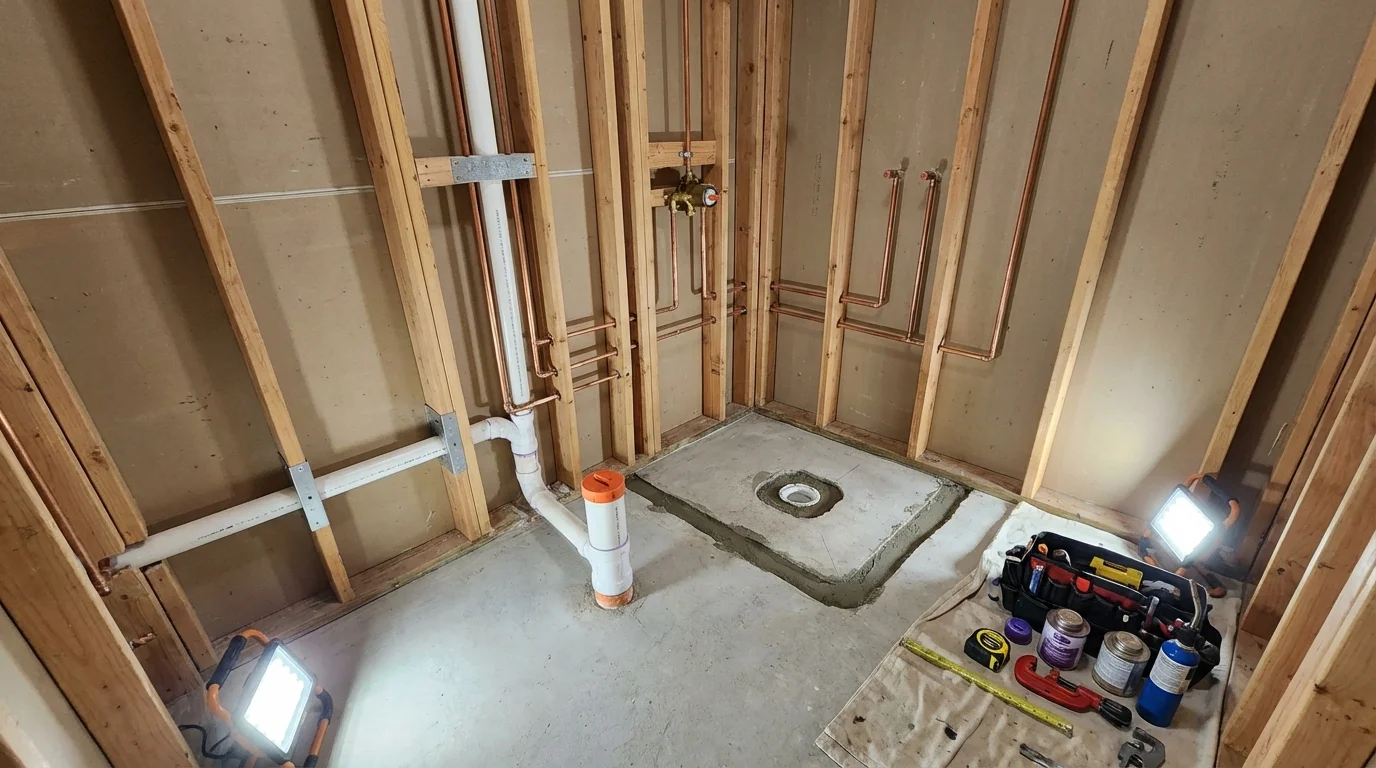 Bathroom rough-in plumbing during remodel by Johns Plumbing LLC in Johnson Creek