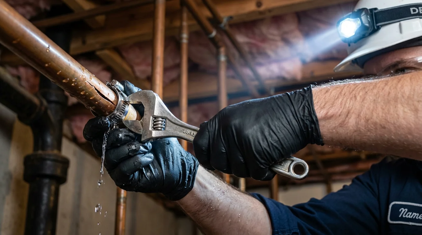 Emergency pipe clamp repair being performed by a Johns Plumbing LLC plumber in Johnson Creek