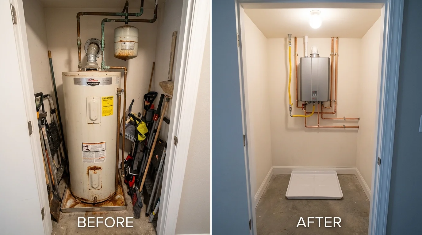 Tank water heater versus wall-mounted tankless unit comparison for Johnson Creek, WI homeowners