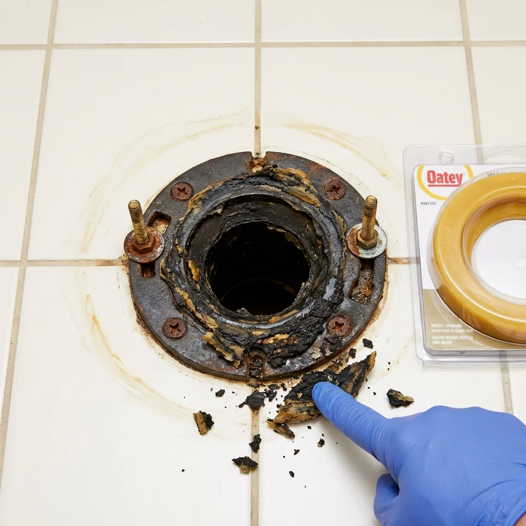 Failed wax ring showing water seepage at the base of a toilet in a Johnson Creek, WI home