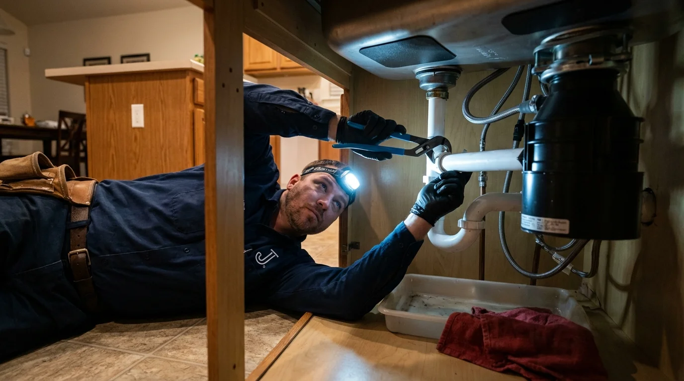 P-trap and supply line connections under a kitchen sink showing a common leak point in Johnson Creek, WI